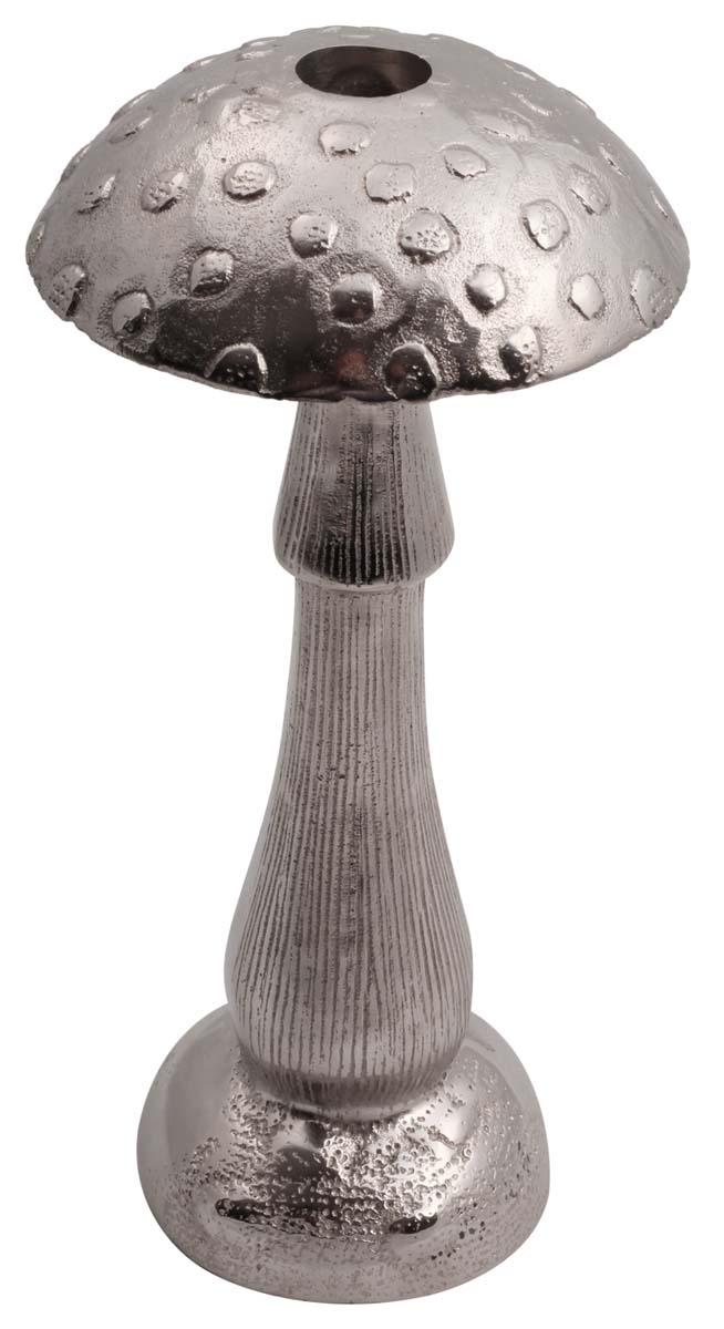 9.5” Mushroom Candle-Holder in Aluminum – Embossed - Silver Tone – Handmade Home Décor / Unique Gifts